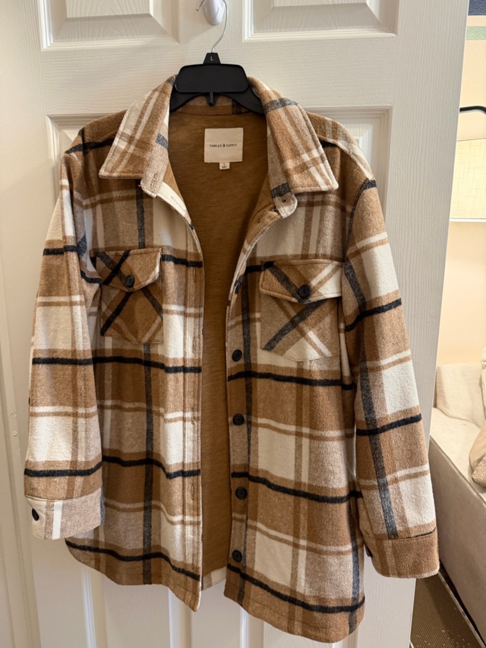 Thread & Supply Brown and Cream Plaid Pea Coat